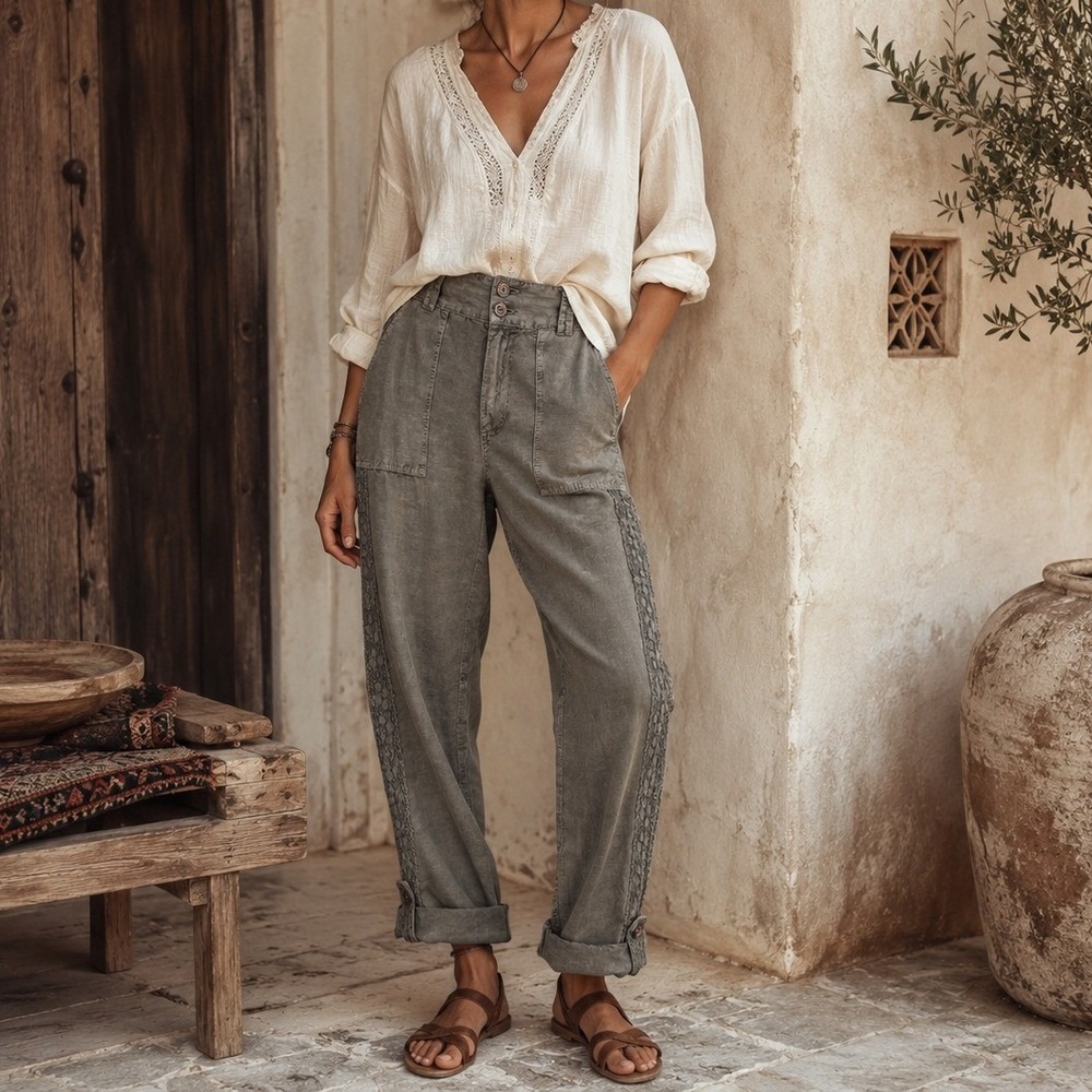 Sundance Organia Boho Linen Cotton Lace Trim Cargo Roll Pants 4 Coastal‎ Grandma